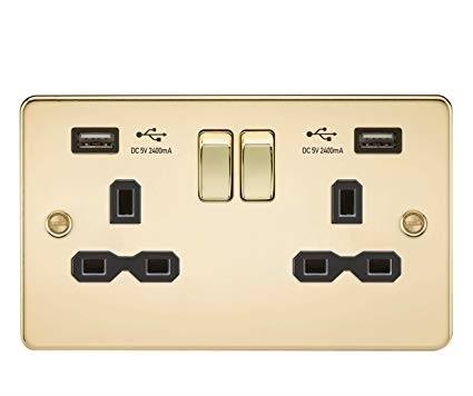 13A 2G Switched Socket with Dual USB Flat Plate - Polished Brass, Black Inserts