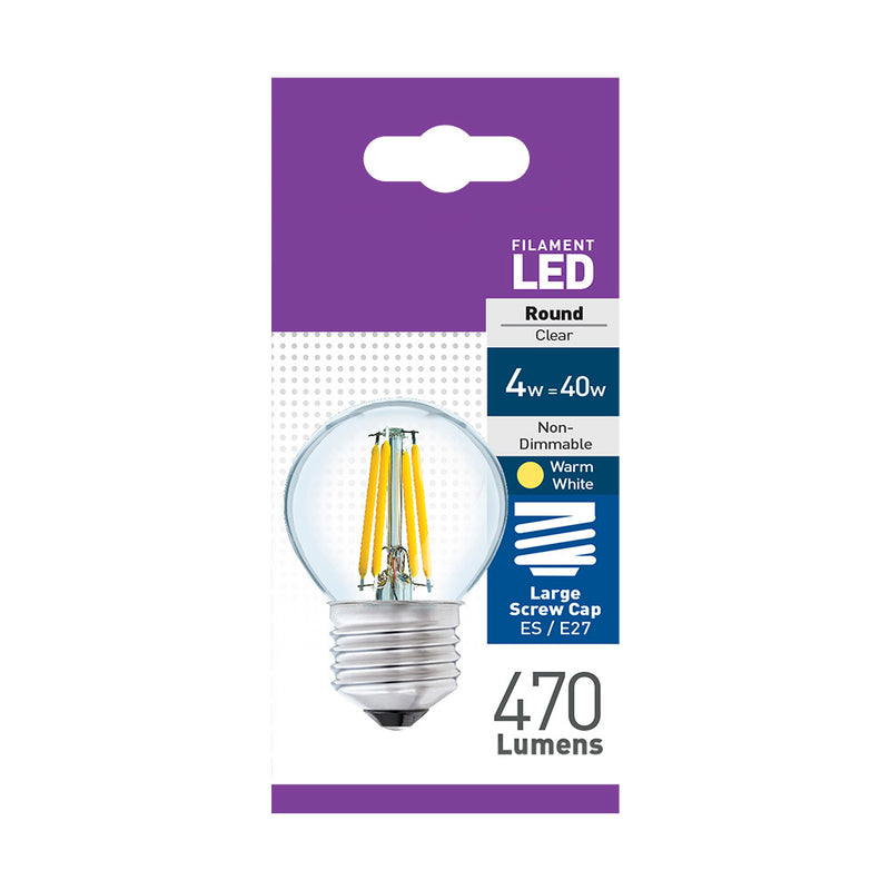 Status 4w = 40w = 470 lumens - Filament LED - Round - ES - Clear - Warm White