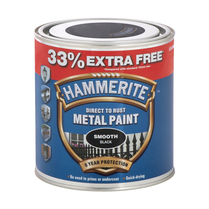 Hammerite Direct to Rust Metal Paint Smooth Finish, 750ml + 33% Free, Black