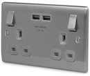 BG 2G + 2 USB (3.1A) Charger 13A Switched Socket - Brushed Steel, Grey Insert