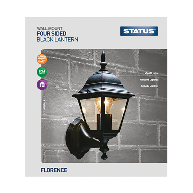 Status Florence - 12w CFL / 42w Halogen E27 - Black - 4 sided Lantern