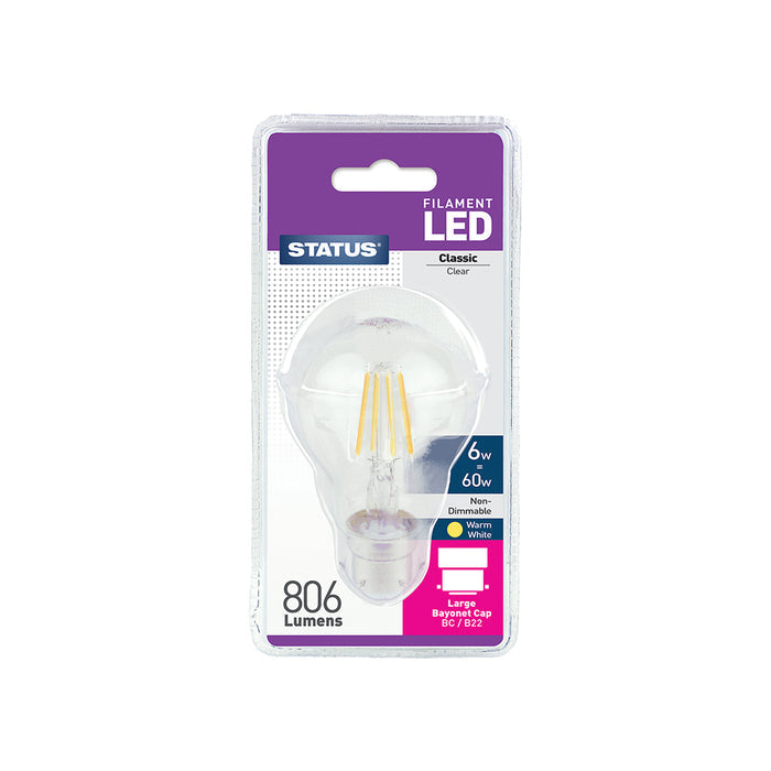 Status 6w = 60w =  806 lumens - Filament LED - A60 GLS - BC - Clear - Warm White