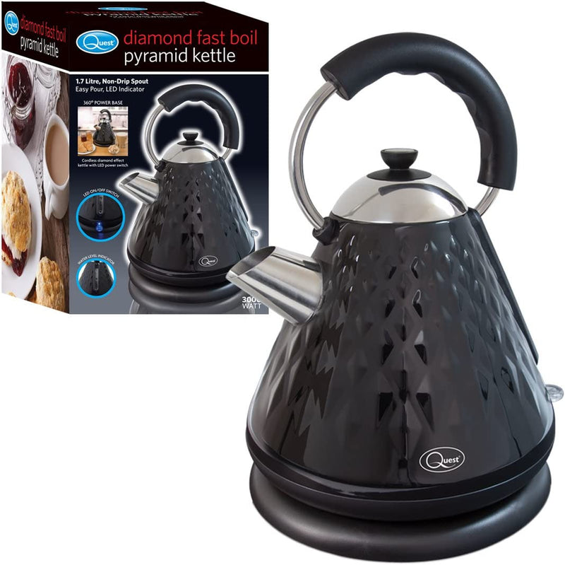 Quest 1.7L 3kW Diamond Cut Pyramid Kettle, Black