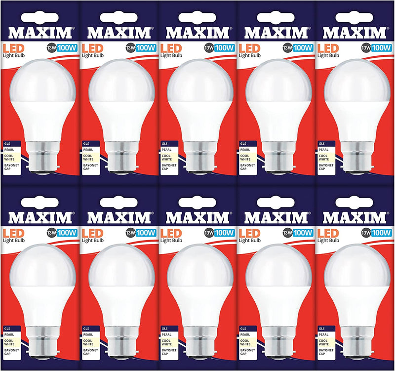 Maxim 13W=100W BC LED GLS Lamp, Cool White, 10 Pack