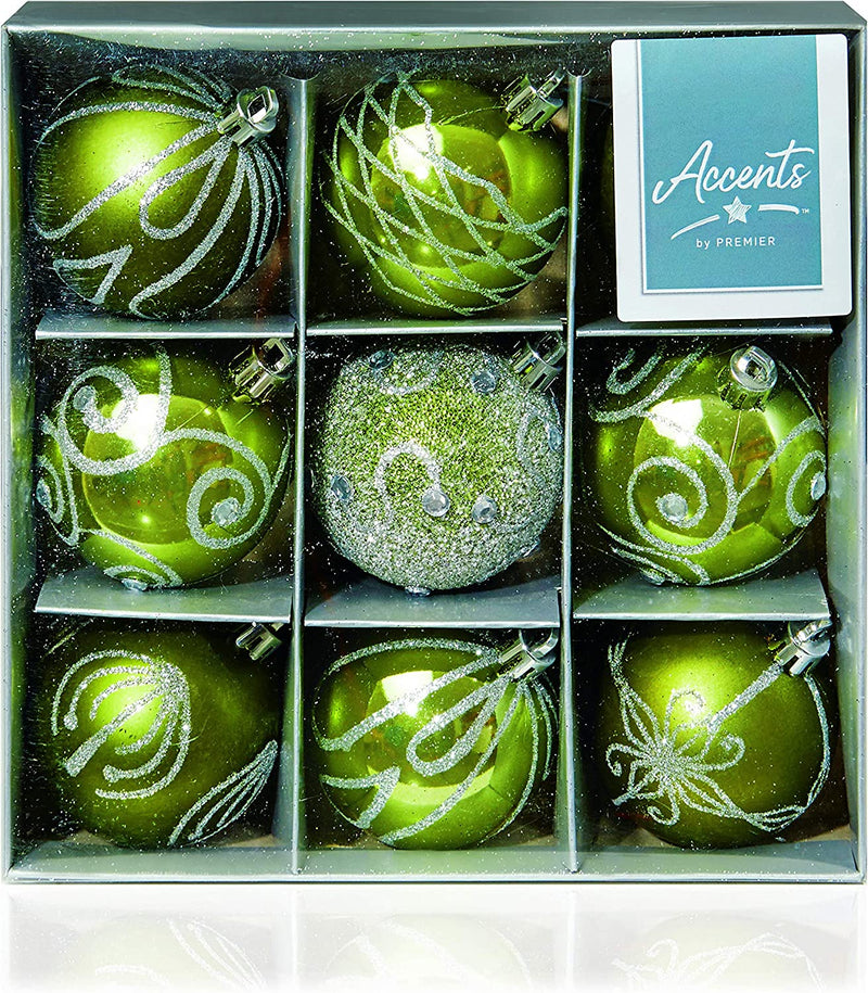 Premier Decorations 9 x 60mm Green Decorated Christmas Tree Balls