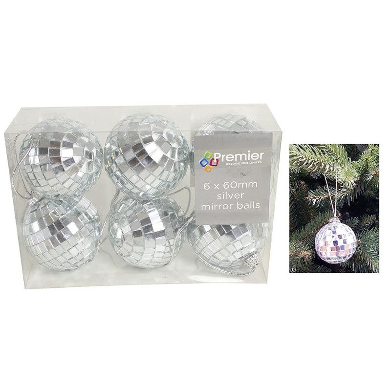 6 x 60mm Silver Mirror Christmas Tree Balls