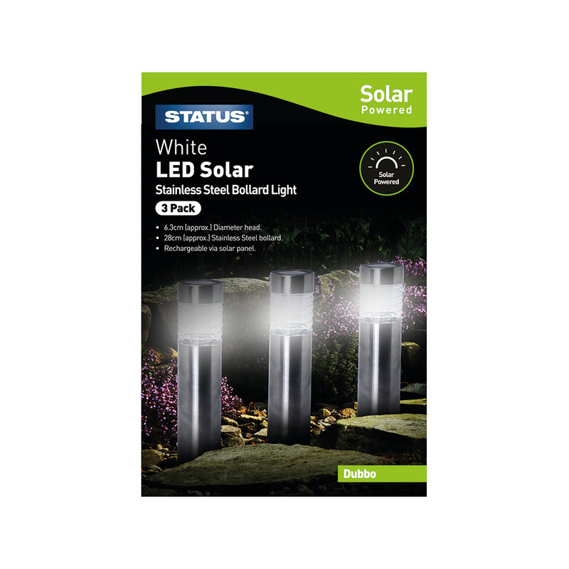 Status Dubbo - 6.3cm - white LED - Solar - Bollard Stake Light - Stainless Steel, 3 Pack
