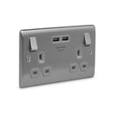 BG 2G + 2 USB (3.1A) Charger 13A Switched Socket - Brushed Steel, Grey Insert