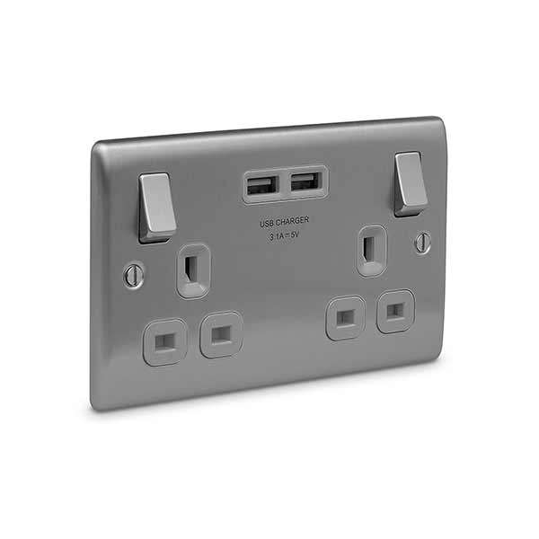 BG 2G + 2 USB (3.1A) Charger 13A Switched Socket - Brushed Steel, Grey Insert