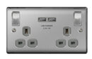 BG 2G + 2 USB (3.1A) Charger 13A Switched Socket - Brushed Steel, Grey Insert
