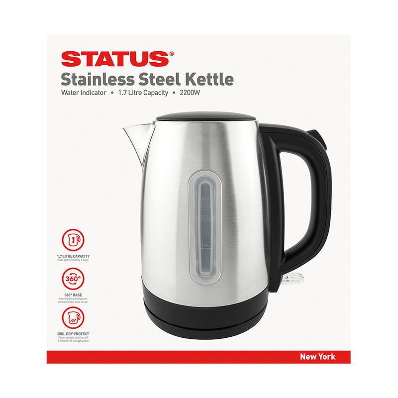 Status New York - Stainless Steel - 1.7 Litre - Swivel Cordless - Kettle - Dual Water Indicator - 2kw