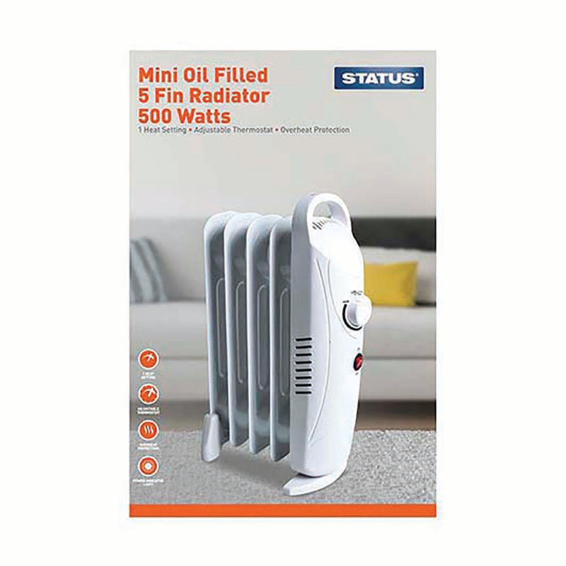 Status 5 Fin - Mini Oil Filled Radiator - 500w - White - 1 Heat Setting - Adjustable Thermostat