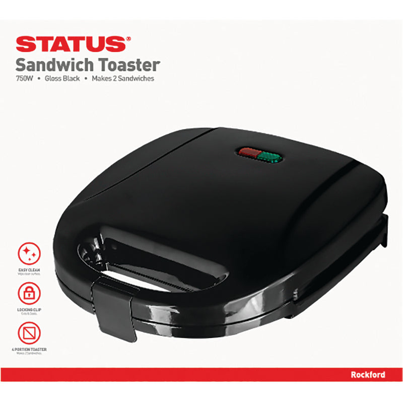 Status Rockford - Black - 750w - Sandwich Toaster - 2 Slice - Non Stick - Cool Wall