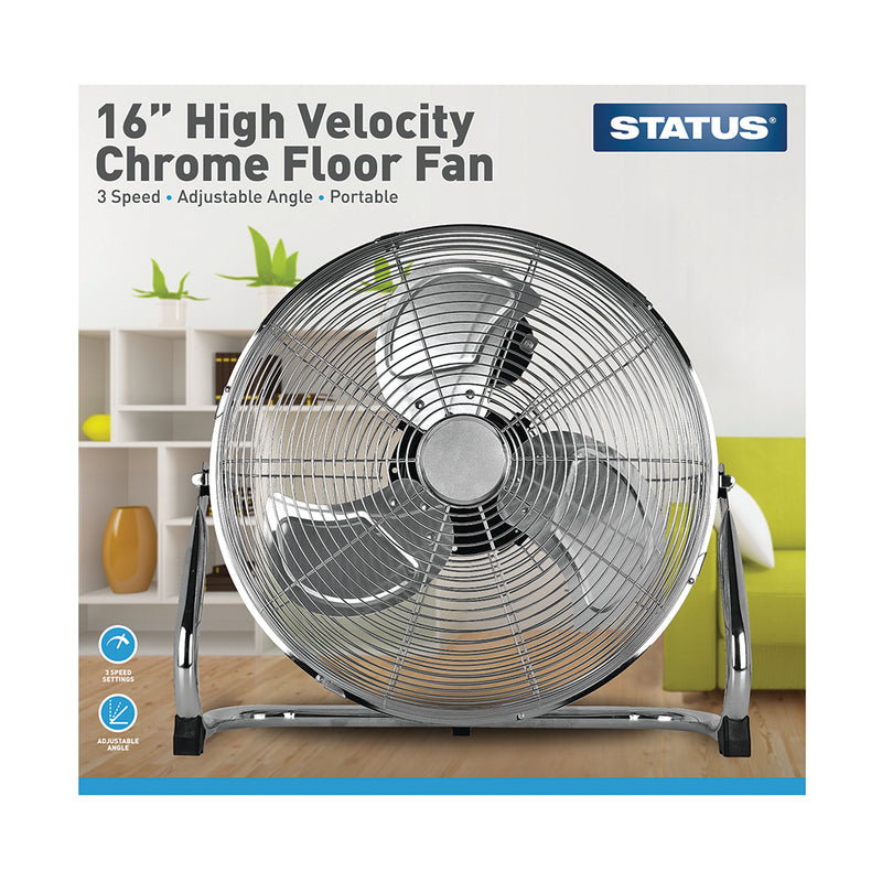 Status 16 Inch Chrome Floor Fan - High Velocity - 3 Speed Settings