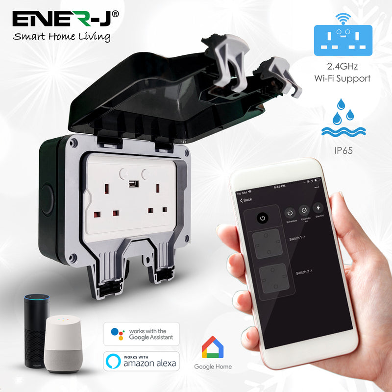 Ener-J Smart Wi-Fi Weatherproof 13A Twin Wall Sockets with 2 USB Ports (IP55)