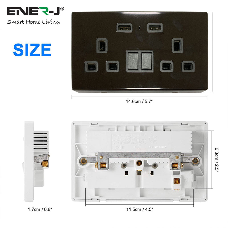 Ener-J Smart Wi-Fi 13A Wi-Fi Twin Wall Sockets with 2 USB Ports (Black)