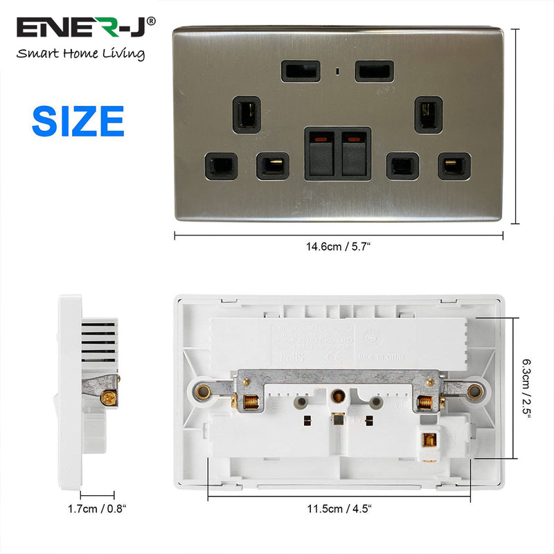 Ener-J Smart Wi-Fi 13A Wi-Fi Twin Wall Sockets with 2 USB Ports (Silver)