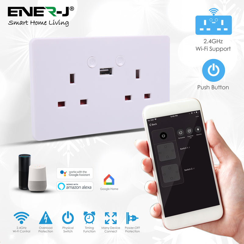 Ener-J Smart Wi-Fi 13A Wi-Fi Twin Wall Sockets with single USB. Push button