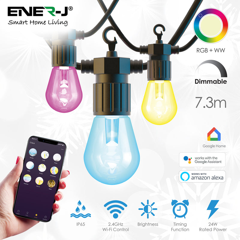 Ener-J Wi-Fi LED String Light with RGB+WW Filament Bulbs, 7.2M and 12pcs Filament Bulbs with Adapter & UK fused Plug