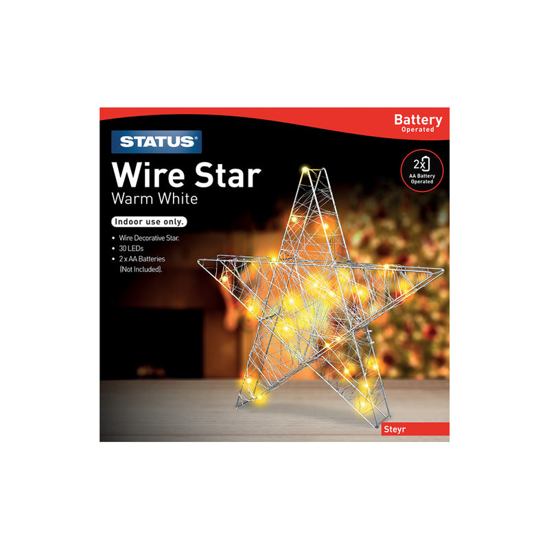 Status Steyr - 30 - Warm White - LED - Indoor Only - Battery Operated - Festive Wire Star