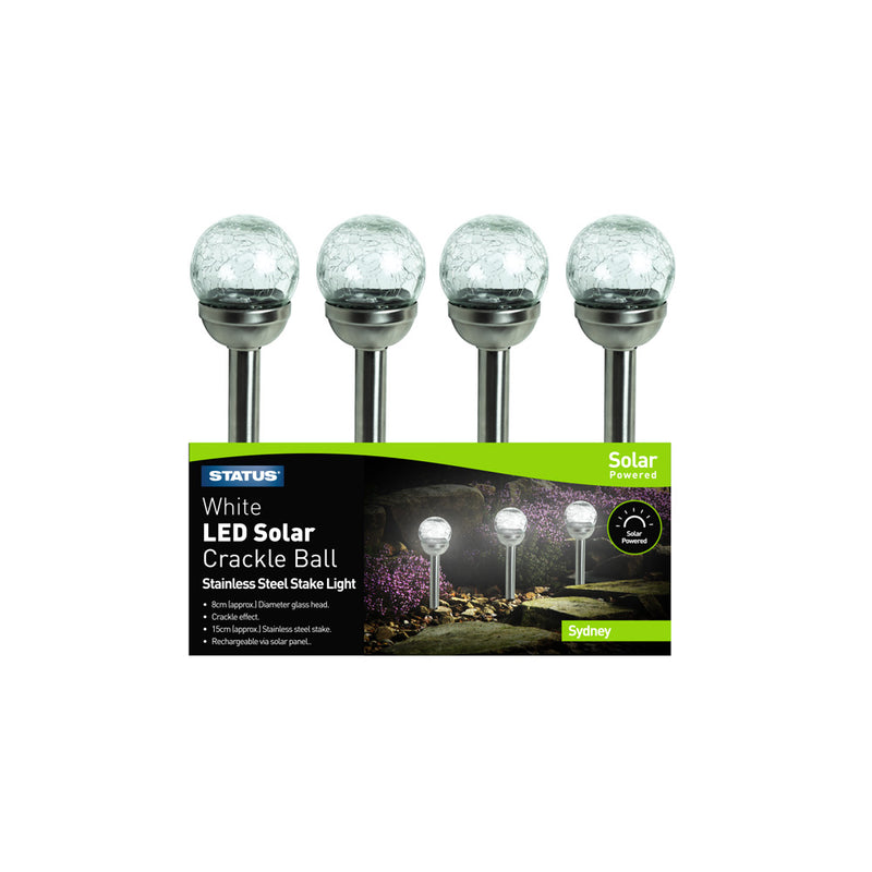 Status Sydney - 8cm - White - LED - Solar - Stake Light - Crackle Glass Ball - Stainless Steel